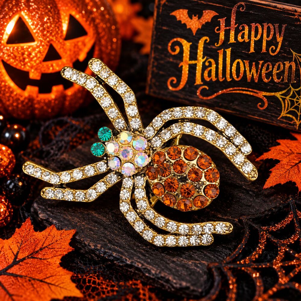 Rhinestone Brown Spider Brooch Pin – Halloween Jewelry - 2"